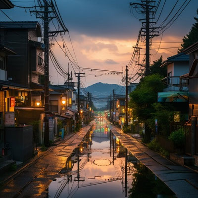 日本の昭和の街並み(夜)