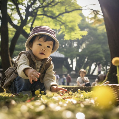 公園の草花で遊ぶ幼児