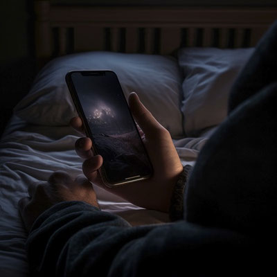 暗い部屋で寝ながらスマートフォンを見る人