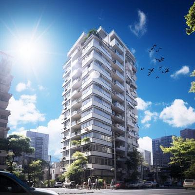 晴れた日のマンションと飛んでいる鳥