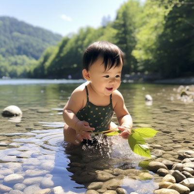 川で遊ぶ幼児