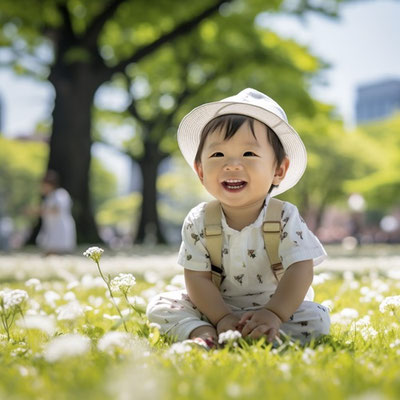 公園の草花で遊ぶ幼児