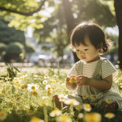 公園の草花で遊ぶ幼児