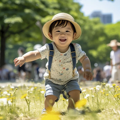 原っぱで遊ぶ幼児