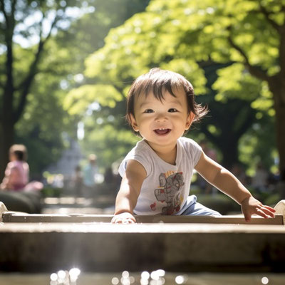 公園の水辺で遊ぶ幼児