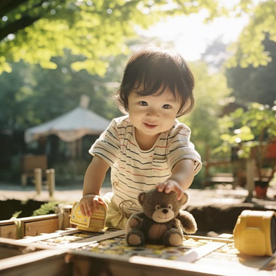 公園でぬいぐるみと遊ぶ幼児