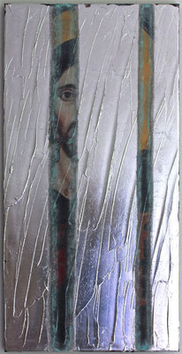 o.T. (Koptischer Jesus), 2014, Digitaldruck, Acrylgel, Aluminium, Oxidationsmittel auf Leinwand, 40 x 80 cm, in Privatbesitz