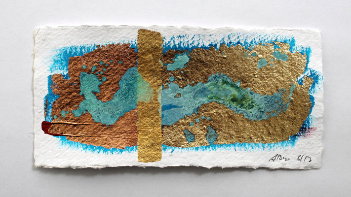 Grußkarte, 2013, Acryl, Schlagmetalle, Blattgold, Oxidationsmittel auf Papier, 10 x 20 cm
