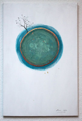"Blue Planet" (Hommage an O. Hörl), 2012, Acryl, Schlagmetall „Kupfer“, Oxidationsmittel, Rubbelmotiv, auf Leinwand, 60 x 40 cm