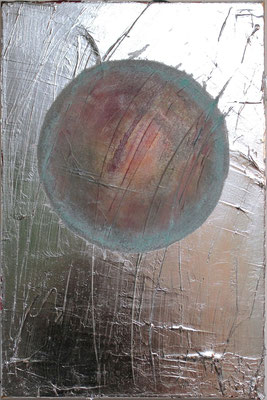 "Flesh Moon", 2014, Acrylbinder und Pigmente in mehreren Schichten, Schlagmetall „Silber“ (Aluminium), Oxidationsmittel, auf Leinwand, 60 x 40 cm