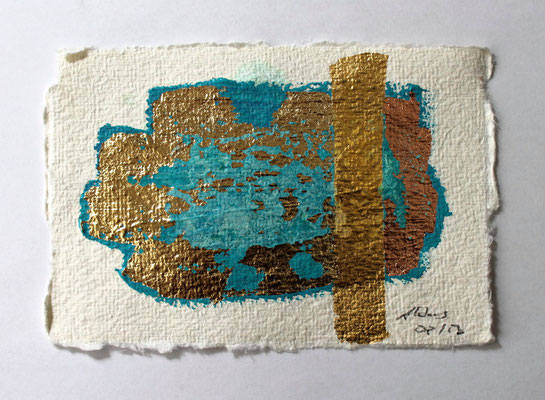 Grußkarte, 2013, Acryl, Schlagmetalle, Blattgold, Oxidationsmittel auf Papier, 10 x 15 cm