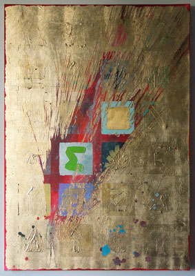 "Sigma Quadrat", 2014, Acryl, Schlagmetall (Gold), Oxidationsmittel auf Leinwand, 80 x 100 cm