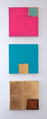 "Club der toten Dichter", 2012, Acryl, Eisenpulver, Metallfolien, Blattgold,  Oxidationsmittel auf Leinwand, 3 x 30 x 30 cm