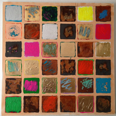 "Matrix #10", 2012, Eisenpulver, Metallfolien, Oxidationsmittel,  Blattgold, Acryl auf Leinwand, 100 x 100 cm