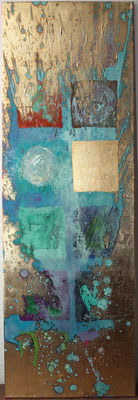 "Ready to Flow", 2013, Acryl, Schlagmetall „Gold“, Oxidationsmittel auf Leinwand, 120 x 40 cm