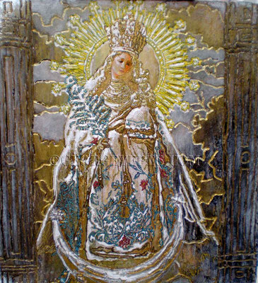 Madonna Retablo II ©2010, Acrylic on Wood, Dimensions 18" w x 19" h, Private Collection