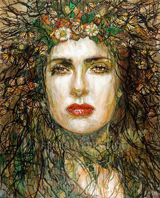 Lady of the Butterflies: Portrait of Salma Hayek ©2001, Acrylic on Canvas, Dimensions 24" x 30" h, Robert Rodriguez Collection