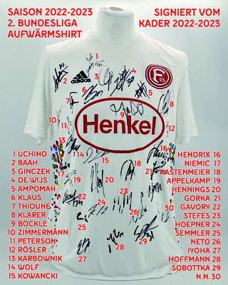 Saison 2022/2023 - 2. Bundesliga - Aufwärmshirt "Fortuna Helau!", 17. Spieltag, 11.11.2022, Spieler unbekannt, Adidas, Henkel, signiert vom Kader 2022/2023