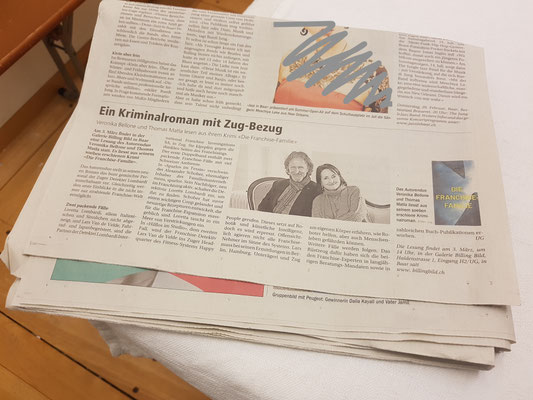 Lesungsankündigung in der Zuger Woche (weiteres Foto unkenntlich) © Bellone/Matla 2024