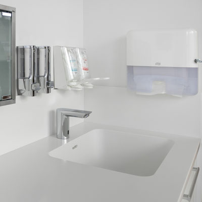 Medical clinic countertop from Corian with integrated sink 