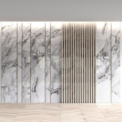 White marble decorative wall with wooden details