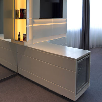 Hotel minibar made from white acrylic stone
