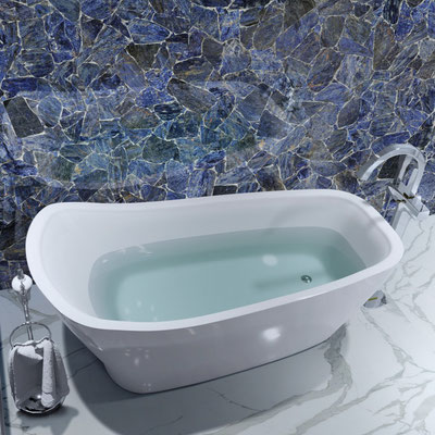 Bathroom wall fabricated from precious Maer Charme handmade sodalite slab with silver fillings