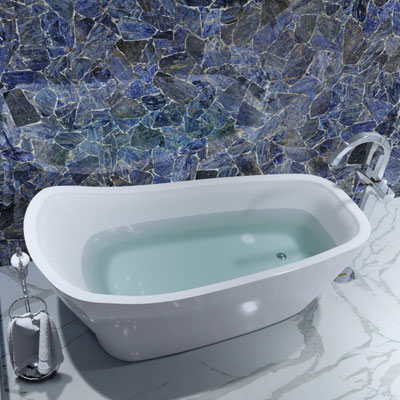 Bathroom wall fabricated from precious sodalite slab with silver fillings
