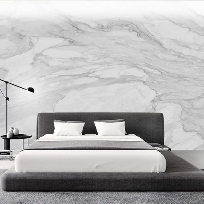 Decorative bedroom wall from white marble with grey veins