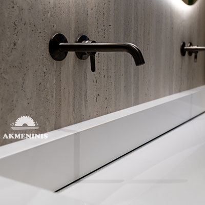 Bathroom vanity from white engineered stone / fabricator - Akmeninis