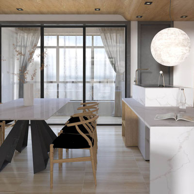 Kitchen island and dining table in Sodostone engineered quartz