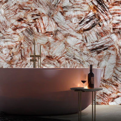 Luxurious bathroom wall fabricated from hematoid quartz