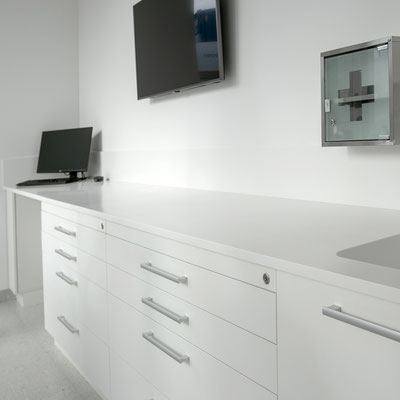 Dentist's countertop at a dental clinic fabricated from solid surface