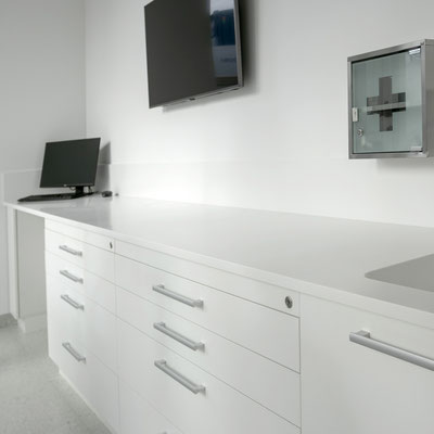 Laboratory countertop at a dental clinic fabricated from white solid surface
