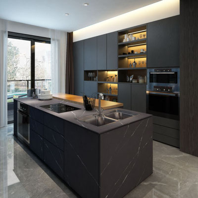 Kitchen island fabricated from Black Marquina quartz