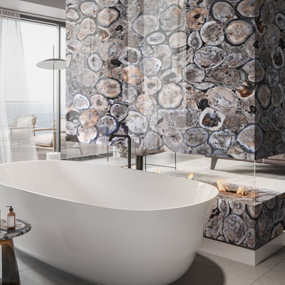 Luxurious bathroom wall with integrated fireplace fabricated from Chocolate agate