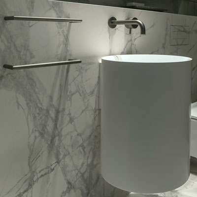 Round conic washbasin from acrylic solid surface hanging on a restaurant WC wall / fabricator - Gforma