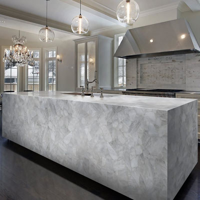 Luxurious island fabricated from white quartz by Nemesi Stone