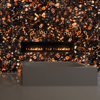 Gemstone decorative wall with integrated fireplace fabricated from Umbra Agate by Maer Charme 
