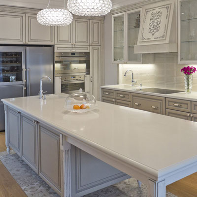 Long classic table topped with grey solid surface 