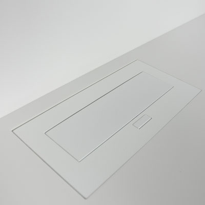 Socket block integrated into solid surface countertop at a medical clinic