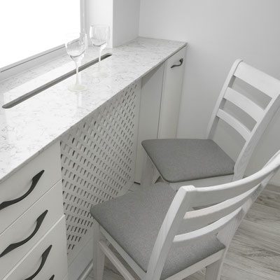 Windowsill functioning as home bar fabricated from Silestone Lyra engineered quartz