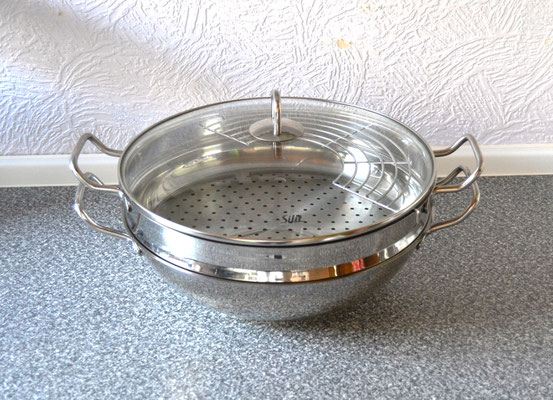 Wok Pfanne Edelstahl mit Dünsteinsatz und Dünstrost