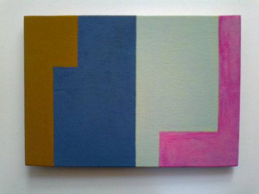 die L´s, 2018, 2018, Vinyl auf Holz, 10 x 15 cm, senf-carta da zucchero- grüngrau-pink