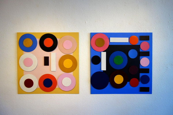 Ellen Roß, Zeitbremse, 2018,  Bilder mit beweglichen Elementen, Acryl, Lack auf Wellpappe, 2 Metallplatten, je 100 x 100 cm