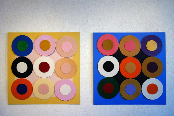 Ellen Roß, Zeitbremse, 2018,  Bilder mit beweglichen Elementen, Acryl, Lack auf Wellpappe, 2 Metallplatten, je 100 x 100 cm
