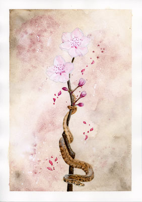 Surreal Schlange mit Blume - Aquarellfarben/Aquarellstifte