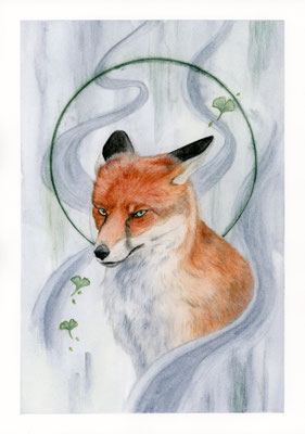 Surreal fox and ginkgo - watercolour/watercolour pencils