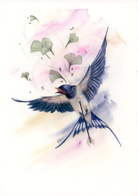 Surreal Schwalbe mit Ginkgo und Pfeil - Aquarellfarben/Aquarellstifte