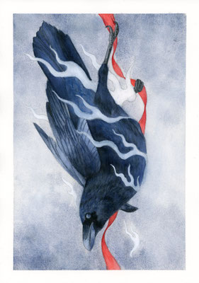Raven with red thread - watercolour / watercolour pencils